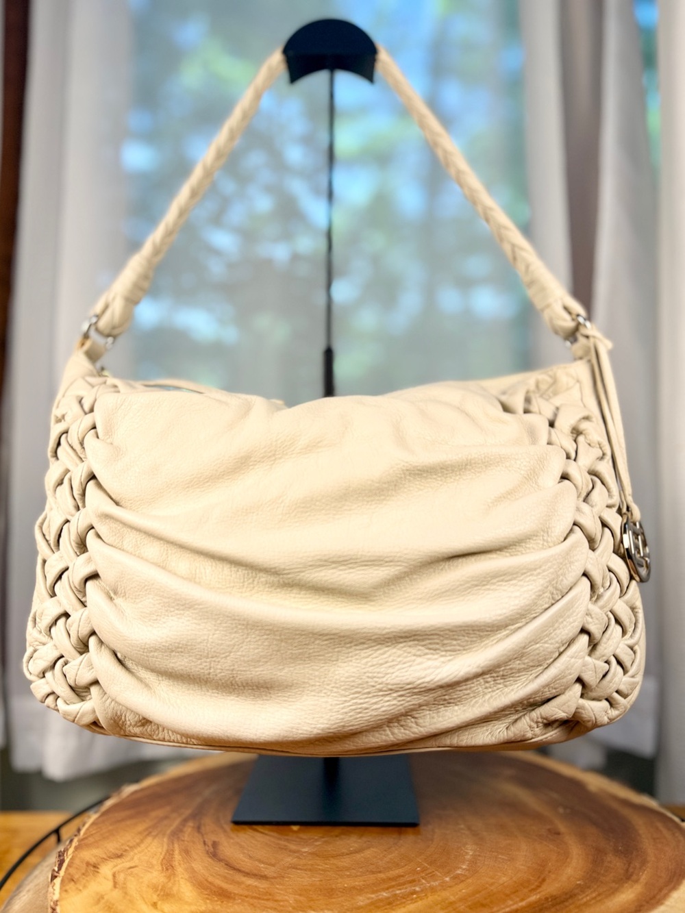 Elliott Lucca Woven Cream Leather Hobo Bag - Braided Strap & Trim - EUC